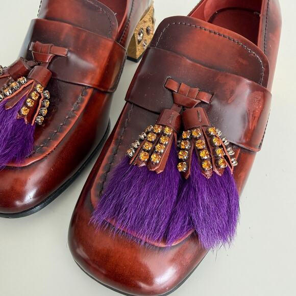 Prada Penny Loafers Shoes Womens 35.5 EU Leather Embellished Heeled Fur Tasseled - Picture 11 of 16